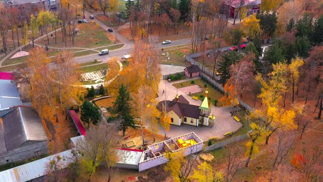 Autumn landscape. Arboretum them. Dokuchaev. 4K aerial photography.