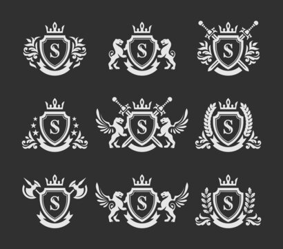Shields and lions heraldry set in vector EPS 8
