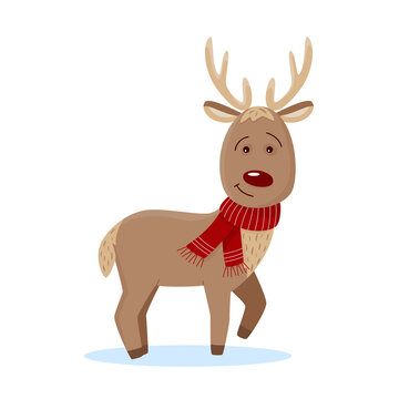 Cute red nose reindeer design with red scarf. Funny character for Christmas and New year cards, banner, poster. Isolated vector illustration in cartoon style
