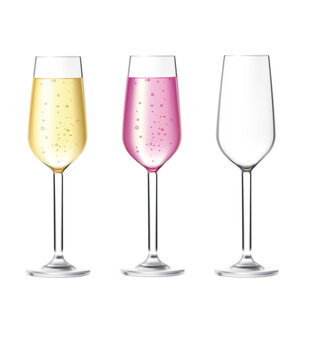 Transparent vector glasses, of champagne, rose and an empty glass