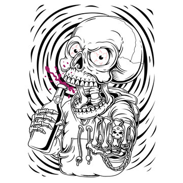 Skull drunk illustration. Hand drawn