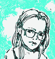 Girl wearing glasses. Blue sky in a background. Graphic portrait.