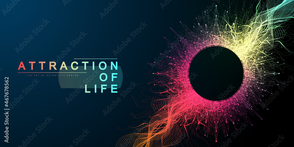 Poster Attraction of life. Colorful abstract small particles and lines under high speed of motion. Circular explosion backdrop. Burst tech particles. Vector illustration