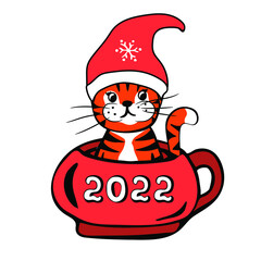 Cute Cartoon Tiger with hat is sitting in a cup of coffee. Symbolof 2022 year. Vector illustration