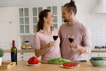 Happy affectionate young family couple cheering wineglasses enjoying pleasant conversation, toasting celebrating wedding anniversary or domestic date, preparing food for dinner in modern kitchen.