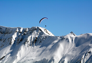 Paragliding over Swiss Alps, Fiesheralp, Valais, Switzerland