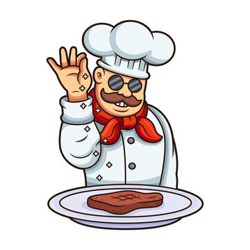 Chef with hand sprinkling on steak cartoon