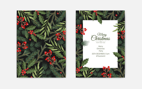Set of Merry Christmas greeting cards, vertical banners, flyers, invitations. Happy New Year, Happy Holidays cards with christmas florals and winter objects