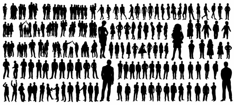set of people black silhouette, isolated, vector