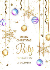 Merry Christmas Party invitation. Happy New Year card Decoration. Winter background. Seasonal holidays.