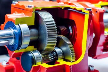 Close-up of cross-section helical gearbox with motor