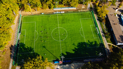Aerial view of an empty soccer football field in forest