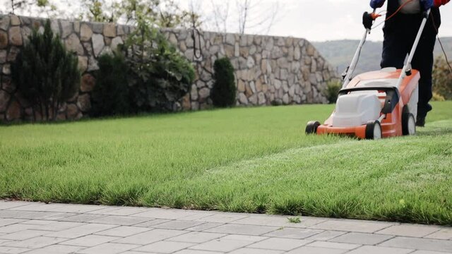 The process of mowing the lawn with lawn mower in autumn calm weather