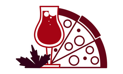 Flat icon of wine glass and slice of pizza. Italian food set. Sign, element design for restaurant and cafe. Monochrome color. Vector illustration on white background for web, card, poster