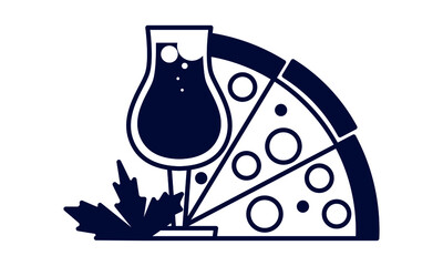 Flat icon of wine glass and slice of pizza. Italian food set. Sign, element design for restaurant and cafe. Monochrome color. Vector illustration on white background for web, card, poster