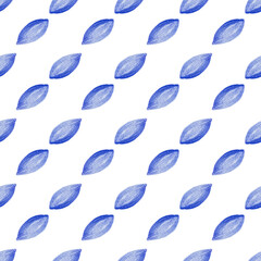 Seamless pattern with hand-drawn watercolor blue leaves on white. Abstract background. For textile, print, etc.