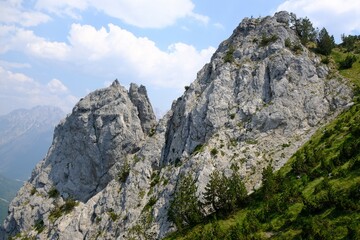 Beautiful mountain views on trail from Theth Valley to Valbona Valley in Albanian Alps. It is one of the most beautiful high mountain trails.