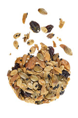 Cereal Cookies homemade with falling fruit and nuts in the air. Healthy food, Whole grain cookies, isolated on white background, clipping path.