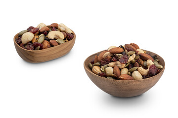 Cereal grain for healthy, nuts, wheat germ, whole wheat, cranberries in wooden bowl on white background. Healthy food. Clipping path.