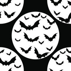 seamless pattern silhouettes of bats on the background of a full moon