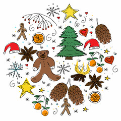  set of hand-drawn colored Christmas elements in the style of doodles for conceptual design. vector illustration isolated on a white background.Christmas holidays, gifts, decorations, snowflake, bear