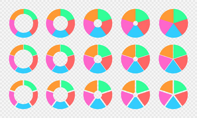 Pie and donut charts set. Colorful circle diagrams divided in 5 sections. Infographic wheels. Round shapes cut in five equal parts isolated on transparent background. Vector flat illustration.