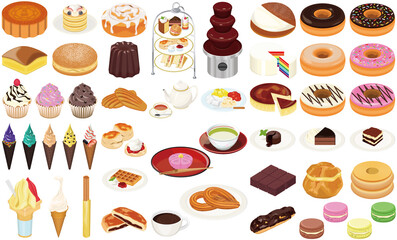 世界の人気お菓子・スイーツのアイコン①（アフタヌーンティー、チョコフォンデュ、ケーキ、ドーナツ）