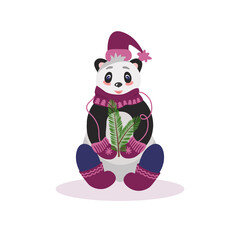 Christmas card with panda bear with fir branches. In warm winter clothes, hat, scarf and felt boots. Vector illustration for design and decor, banner