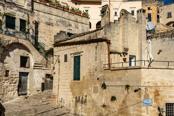 Fototapeta na wymiar Historic structures and Houses in the ancient city center of Matera in the Basilicata Region of Italy. Matera was the European Capital of Culture in 2019. 
