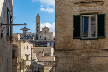 Narrow street in the historic City of Materia in southern Italy. Matera was in 2019 the European Capital of Culture