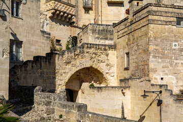 Historic structures and Houses in the ancient city center of Matera in the Basilicata Region of Italy. Matera was the European Capital of Culture in 2019. 