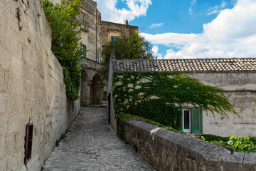 Fototapeta na wymiar Historic structures and Houses in the ancient city center of Matera in the Basilicata Region of Italy. Matera was the European Capital of Culture in 2019. 