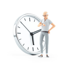 3d impatient senior man standing in front of clock - obrazy, fototapety, plakaty