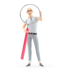 3d senior man holding big magnifying glass