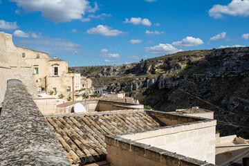 View of the surrounding hills of the ancient city of Matera in the Basilicata Region of Italy. Matera was the European Capital of Culture in 2019. 