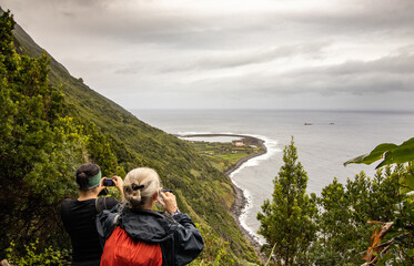 Walking tour at Azores islands, Sao Jorge, travel destination for hiking.