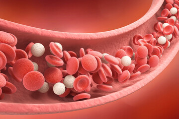 3d illustration of the Blood vessel with flowing Human blood cells. - obrazy, fototapety, plakaty