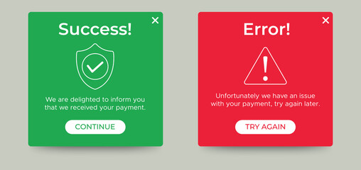 Payment message popup window ui design with button for mobile and web. Vector EPS