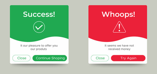 Payment message popup window ui design with button for mobile and web. Vector EPS