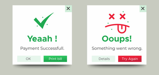 Payment message popup window ui design with button for mobile and web. Vector EPS