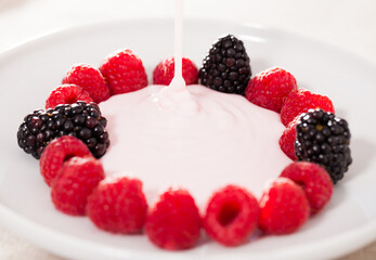 fresh raspberries and blackberries laid out on a white plate in circle with yogurt