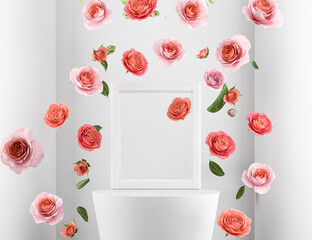 Abstract background Scene for cosmetic Product and Package Presentation, Rose flower, White Podium Display