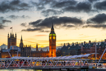 Elizabeth tower known as Big Ben at sunset. Landmark of London. England