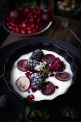 Yogurt with fresh fruit. Yogurt with berries. Healthy breakfast or snack. Prebiotics and antioxidants. Healthy food