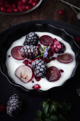 Yogurt with fresh fruit. Yogurt with berries. Healthy breakfast or snack. Prebiotics and antioxidants. Healthy food