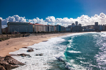 Ocean, waves, city of Spain Galicia La Coruna
