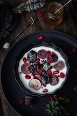 Yogurt with fresh fruit. Yogurt with berries. Healthy breakfast or snack. Prebiotics and antioxidants. Healthy food