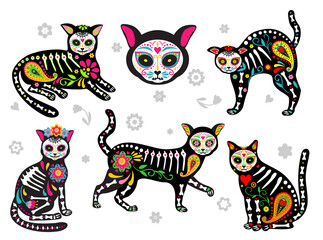 Mexican dead cats. Dead animals. Cats skulls and sugar heads colorful holiday vector illustration for day of the dead, bones skeleton dia de los muertos pets party drawings