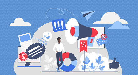 Fototapeta na wymiar Business people with megaphone announce sales vector illustration. Cartoon man advertising marketing digital campaign into bullhorn, promotion in social media. Public advertisement, discount concept