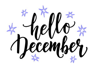 Hello December quote isolated on white background. Handmade winter inspirational card. Lettering vector illustration